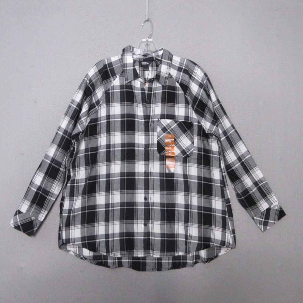 Eddie Bauer Top Tunic Women Medium Black Gray Hillside Plaid Flannel Outdoor NWT